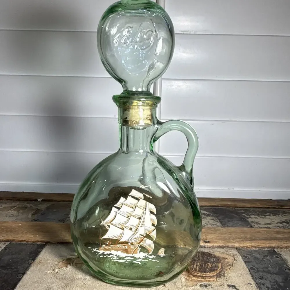 Old Fitzgerald Green Glass Liquor Decanter Bottle w/ Sailing Ship Stopper 4/5 Qt